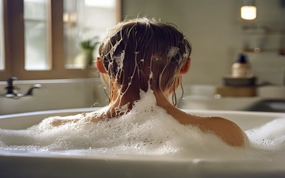 Mulher de cabelos cacheados naturais lavando os fios no chuveiro com espuma suave, representando a rotina low poo